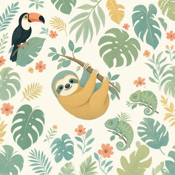 Cute Tropical Jungle Animals Seamless Pattern with Sloth, Toucan and Leaves
