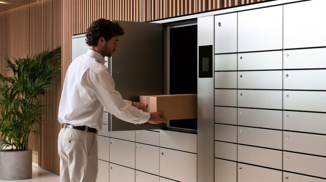Man retrieving parcel from modern automated locker system