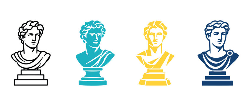 Set of four classical roman or greek male bust statues in different colors and styles isolated on white background for artistic design projects and historical graphic illustrations