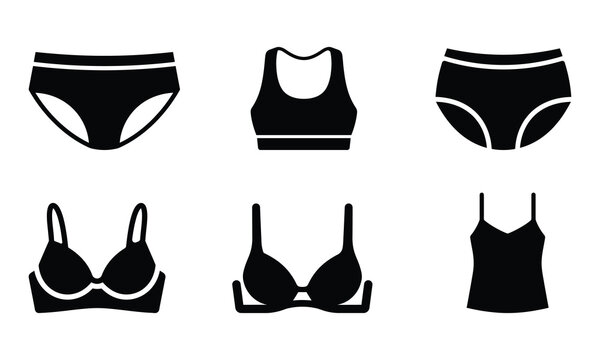Collection of black undergarment icons featuring bras and underwear silhouettes lingerie clothing minimalist