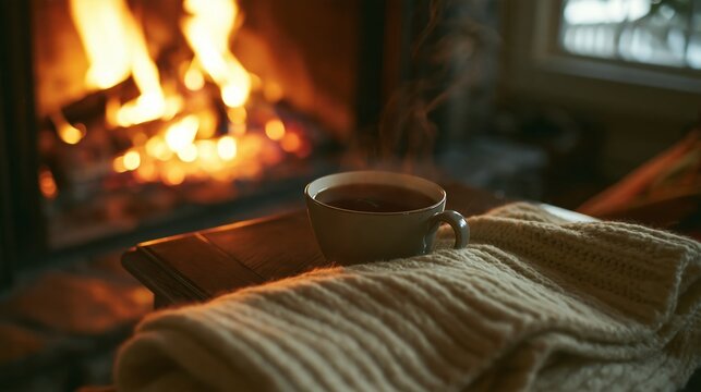 Ceramic mug of hot herbal tea with steam near cozy fireplace in winter