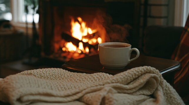 Ceramic mug of hot herbal tea with cozy knit blanket near fireplace