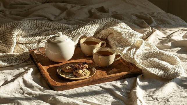 White ceramic teapot and tea cups with cookies on wooden tray