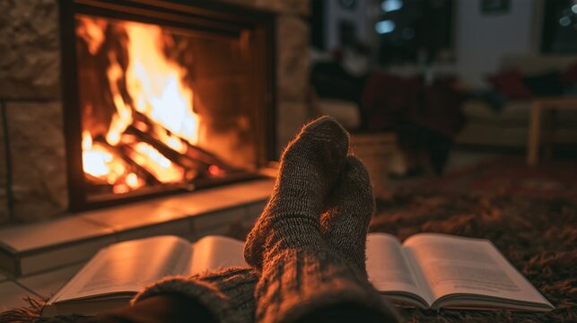 Feet in thick grey woolen socks relaxing by warm winter fireplace