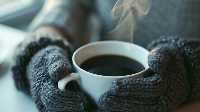 Hands in grey knit mittens holding steaming hot coffee in winter
