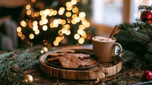 Gingerbread cookies and hot cocoa mug on wooden tray with bokeh lights