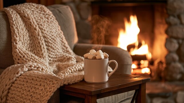 Steaming hot chocolate mug with marshmallows in winter cozy living room
