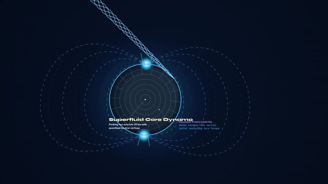 Animated scientific diagram of a magnetar starquake causing a Fast Radio Burst, illustrating superfluid core dynamo, rigid coulomb lattice fracture, and relativistic Alfven shocks