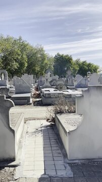 Cementerio dep, tumba rip en camposanto de muerto y halloween con l&aacute;pida, sepultura cemetery, cruz y entierro en necr&oacute;polis requiescat in pace 