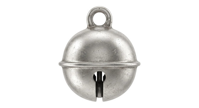 A worn silver metal sleigh bell with hanging loop isolated against a black background