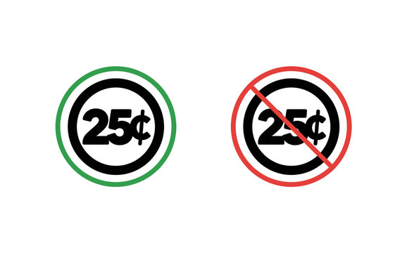 Black twenty five cent coin currency icon set in green and red ring