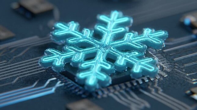 Detailed Macro View of Glowing Digital Snowflake on Circuit Board (AI Generated)