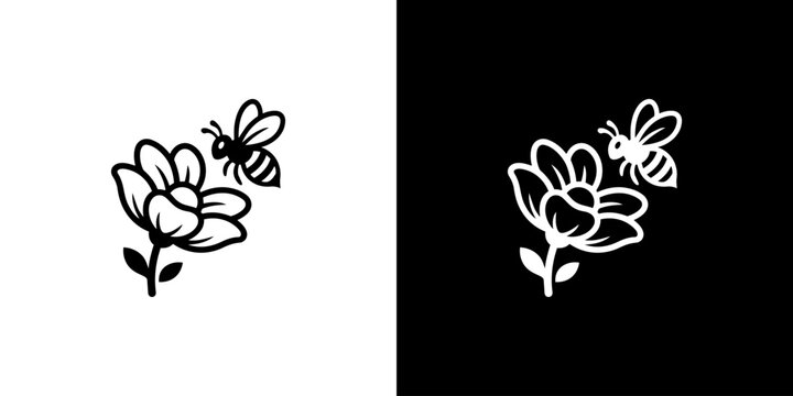 Honey bee flying near flower icon vector illustration in black and white silhouette line art design for logo or graphic template