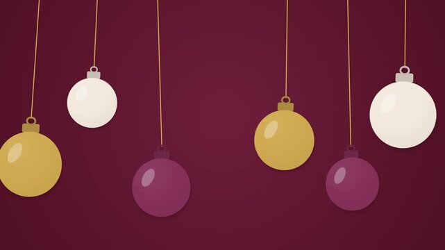 Five round ornaments hang from strings against a burgundy background. The ornaments shift gently as the Christmas greeting card design loops