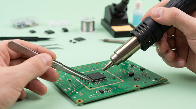 Electronics technician hands assembling, testing, and soldering components on printed circuit board in hardware repair workshop
