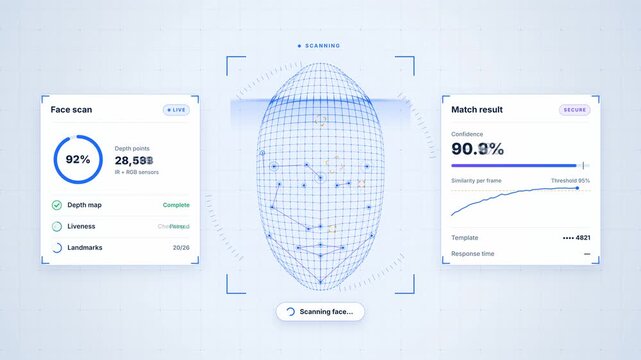 Digital facial recognition scan verifies an identity against a biometric match interface