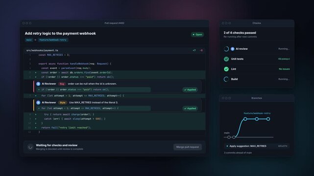 Dark software interface shows a code review progressing through checks to a merged payment webhook update before fading to an empty background
