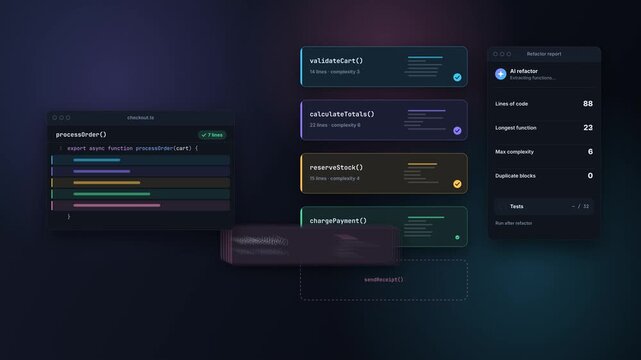 Animated code interface reorganizes a long checkout function into smaller modules with a completed refactor report
