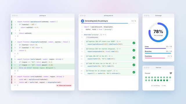 Software testing dashboard displays pricing code, passing checks, and full test coverage on a clean interface