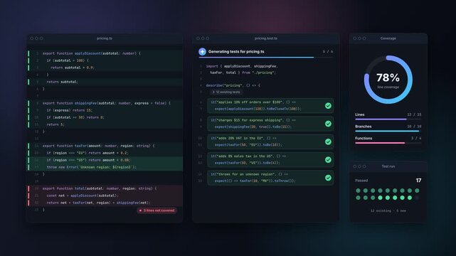 Automated software tests run successfully as code coverage rises to 100 percent on a dark digital interface