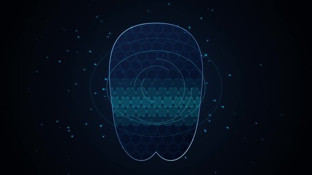 Digital biometric fingerprint scan with glowing blue light particles on dark background