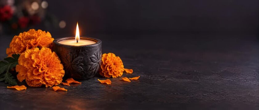 Cempasuchil blooms beside a burning remembrance candle for day of the dead, embossed black ofrenda vessel on a dark table with copy space