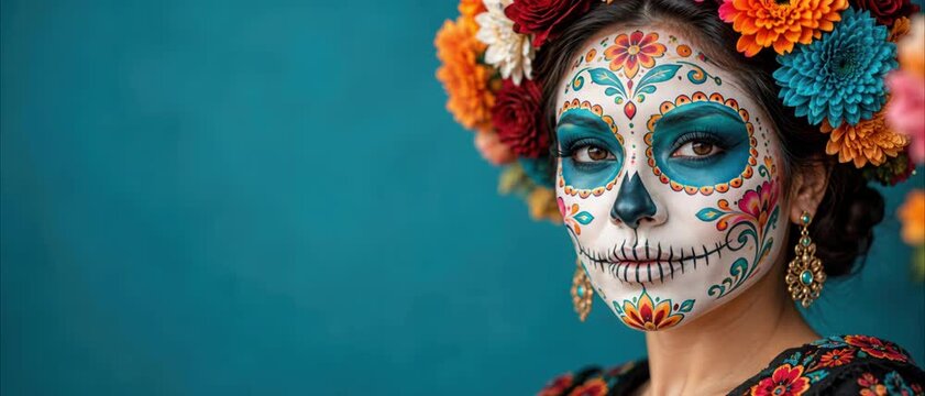 Catrina with turquoise skull makeup for dia de los muertos, floral face paint beneath a marigold rose headpiece with earrings, festive beauty campaign background on teal copy space