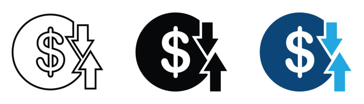 Price up and down icon set illustrating cost fluctuations, rising prices, falling rates, and market changes.