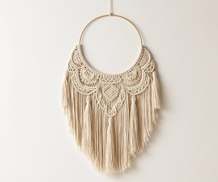 Macrame Wall Hanging with Tassels and Beige Lace Design