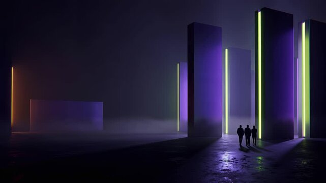 figures at the edge of a monolith field. tight cluster of three or four silhouettes placed low in the right third near the bottom