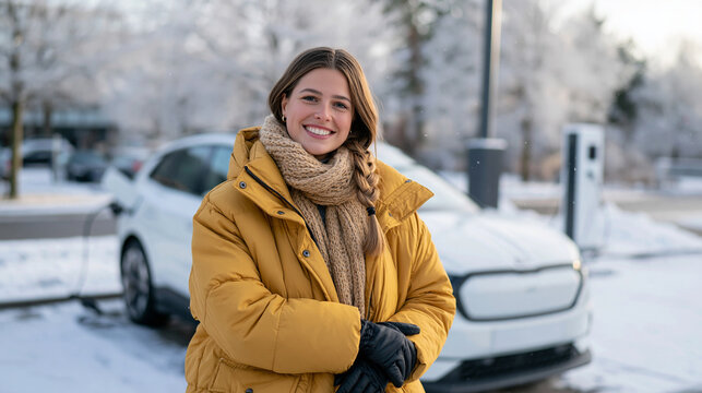 Young woman with a neat French braid posing beside her white electric crossover while it charges in a quiet snow-covered parking area, wearing a mustard yellow puffer jacket,