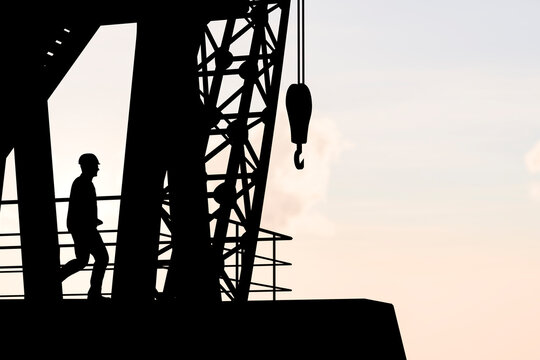 3D construction crane hook and worker silhouette, industrial engineering scene
