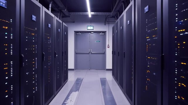 data center cold aisle at night. two facing rows of floor-to-ceiling server racks, rack doors with perforated mesh panels