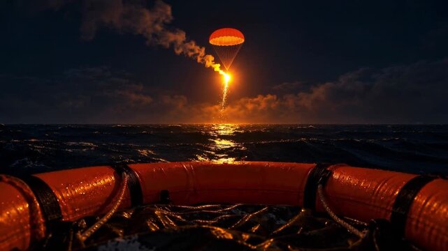 Illuminated parachute flare drifts downward above dark waves from life raft viewpoint