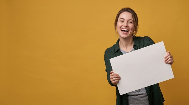 Happy woman holds blank sign for your message