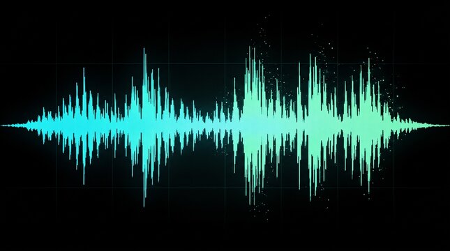 Dynamic glowing sound wave audio waveform visualization against a dark digital background
