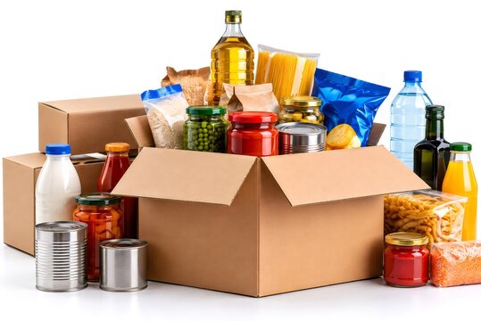 Food donation box filled with pantry staples and grocery essentials