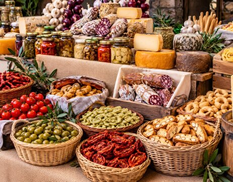 Italian food market display of cheese, salami and antipasti