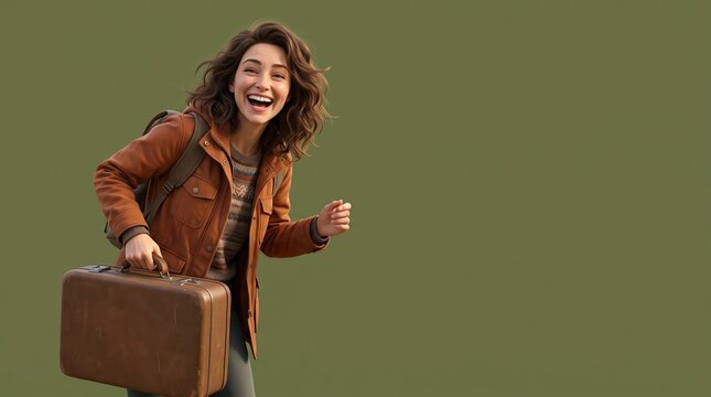 Joyful woman running with suitcase for adventure