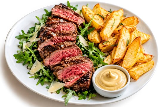 Grilled steak with potato wedges, arugula and mustard sauce