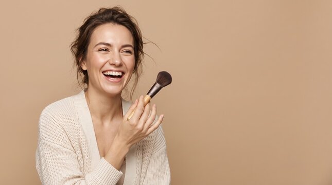 Joyful woman laughing with a makeup brush