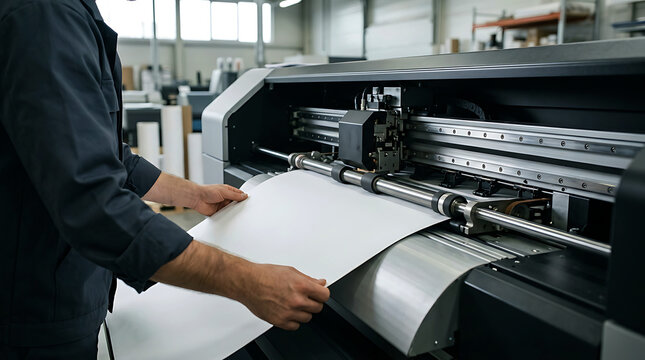 Factory worker operating large format digital printer and plotter machine