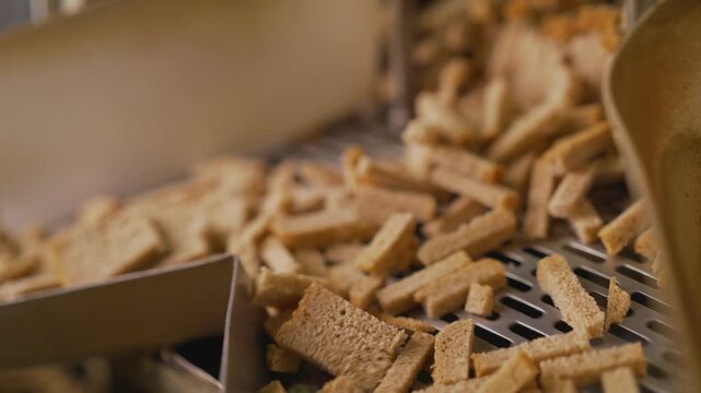 Close up of bread croutons or rusks moving along an industrial conveyor line. Food manufacturing and mass production process in a factory. Automated machinery sorting snack food