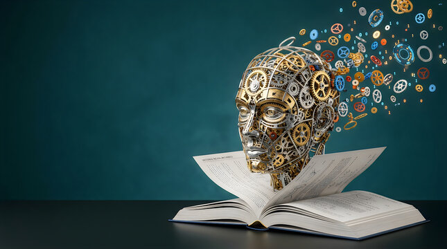 Robot head made of gears and mechanical parts emerging from an open book on a dark green background