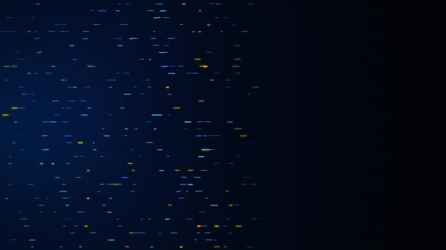 An abstract technology motion graphics background featuring streaming horizontal blue and golden digital data tracks and particles aligned on the left side of a dark gradient canvas.