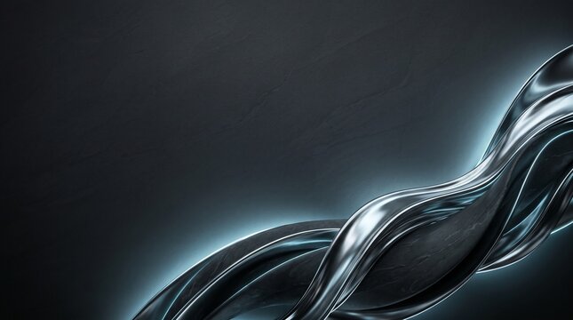 Dark mode abstract background with liquid chrome metallic waves and slate texture with copy space for technology