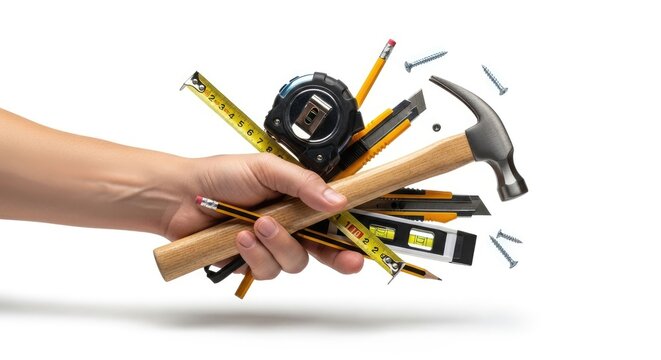 A hand holds a collection of tools including a measuring tape, pencil, hammer, utility knife, screwdriver, and nails.