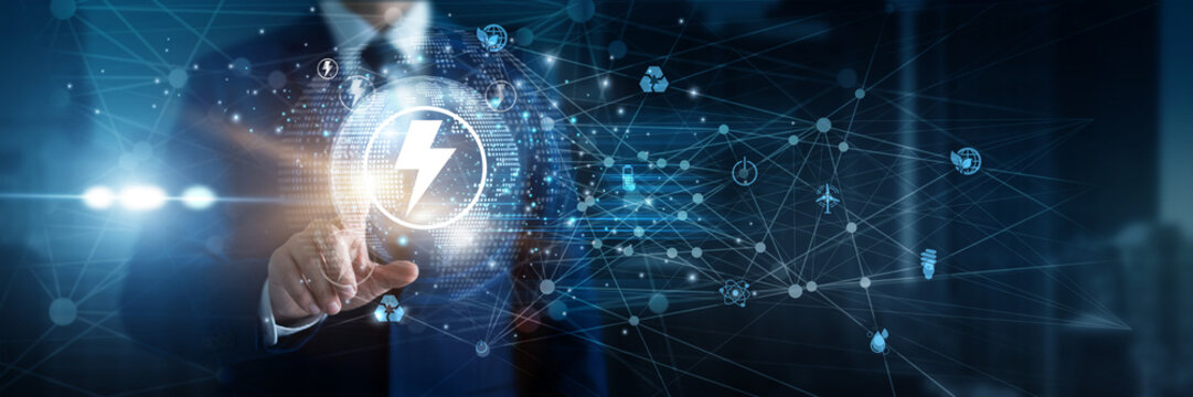 Sustainability engineer touching a glowing Eco-Innovation green tech network around a transparent digital globe for climate solutions. Renewable energy background.