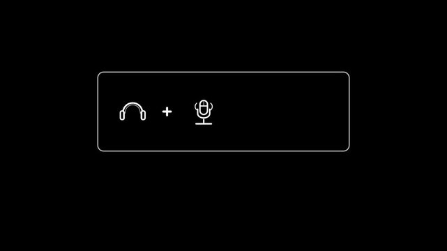 Minimalist monochrome white line animation on black background showing headphones plus microphone equals equalizer sound waves inside a framed box, followed by Create Music text in a seamless 10-secon