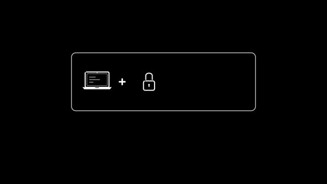 Minimalist monochrome white line animation on black background showing laptop plus padlock equals security shield with checkmark inside an outline box, followed by Stay Protected text in a seamless 10